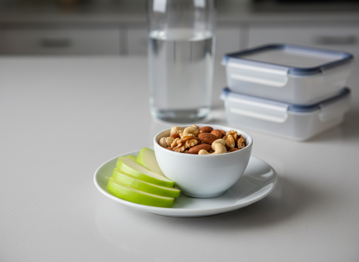 A close-up of a Zone Diet snack arrangement on a smooth, light gray kitchen island: a small white porcelain bowl of mixed nuts and a few bright green apple slices fanned out on a matching saucer. In the background, slightly out of focus, a clear glass container of filtered water and a neatly stacked pair of food storage containers hint at routine and preparation. Soft studio lighting from the side adds gentle highlights on the apple skin and subtle reflections on the porcelain. Photographic realism, rule-of-thirds composition with shallow depth of field, creating a calm, approachable, and professional mood that communicates simple, balanced snacking for beginners.