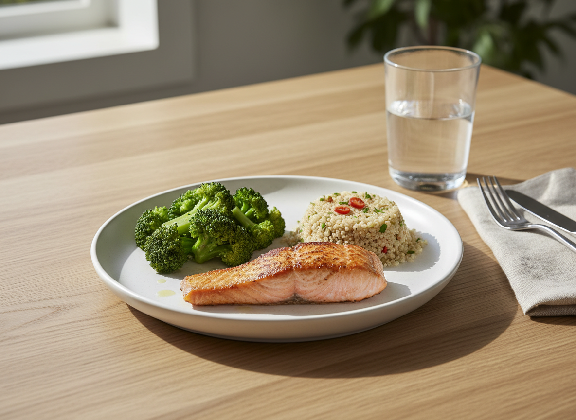 A meticulously arranged Zone Diet meal on a wide, matte white ceramic plate: a palm-sized portion of grilled salmon with crisped edges, a neat mound of steamed broccoli florets glistening with a light olive oil sheen, and a small serving of quinoa speckled with fresh herbs. The plate rests on a light oak dining table with a subtle grain, beside a simple glass of water and a folded linen napkin. Soft morning daylight from an unseen window creates gentle highlights and natural shadows. Photographic realism, eye-level composition with shallow depth of field, the foreground in sharp focus and the background softly blurred, conveying a calm, professional, balanced-nutrition atmosphere suitable for a health guidance homepage hero image.