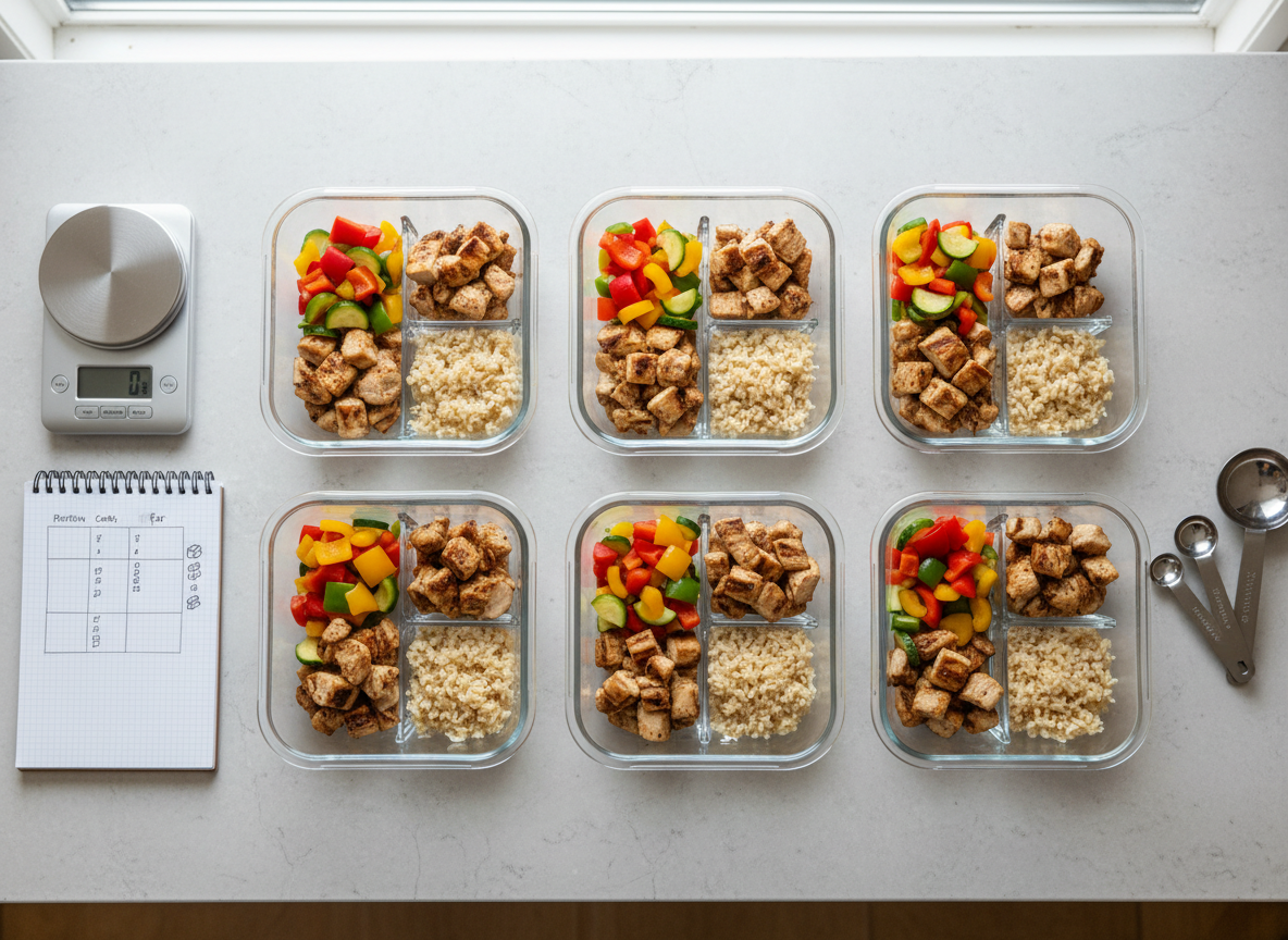 A top-down view of a clean, organized Zone Diet meal prep layout on a pale stone countertop. Several glass containers hold precisely portioned lean chicken, colorful bell peppers, zucchini, and small servings of brown rice, each compartment neatly separated. A digital kitchen scale, a slim notepad with a visible macronutrient chart, and a set of stainless steel measuring spoons frame the scene. Diffused overcast light from above creates even, shadow-soft illumination. The mood is methodical, reassuring, and professional. Photographic realism with crisp detail across the entire frame, minimalist composition emphasizing structure and balance, perfect for illustrating practical, beginner-friendly Zone Diet planning.