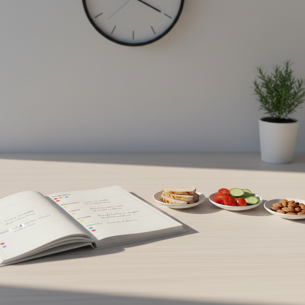 A neat Zone Diet daily planner spread open on a pale wooden desk, surrounded by visual cues of healthy structure. On the planner pages, clearly printed sections label breakfast, lunch, dinner, and snacks with colored symbols for protein, carbs, and healthy fats, while next to it sit three small white plates: one with grilled turkey slices, one with cherry tomatoes and cucumber, and one with a few almonds. A minimalist wall clock and a small potted herb plant are softly blurred in the background. Natural afternoon light from the side casts clean, defined shadows. Photographic realism, slightly elevated angle, balanced composition suggesting routine, clarity, and professional guidance for building healthy Zone routines.